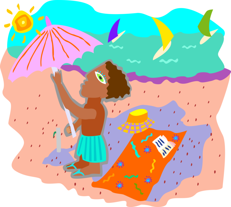 Vector Illustration of Setting Up Shade Umbrella for Day at the Beach