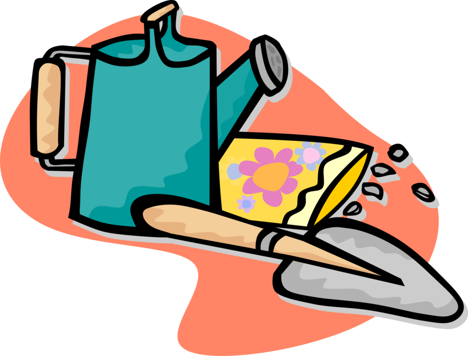 Vector Illustration of Gardening Tools with Watering Can and Digging Spade or Trowel