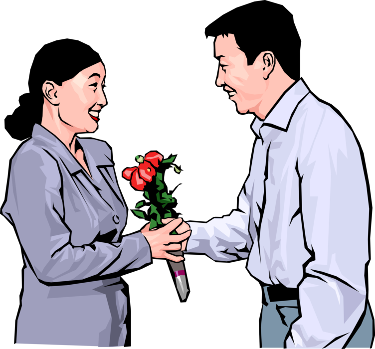 Vector Illustration of Romantic Couple Meet with Woman Receiving Gift of Flowers from Man