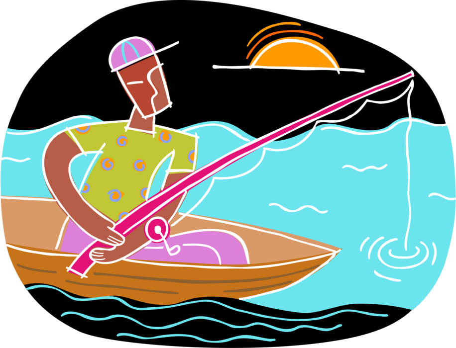 Vector Illustration of Sport Fisherman Angler Fishing with Line in Water