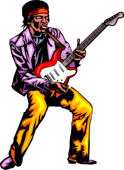 Vector Illustration of Jimi Hendrix Musician Guitarist Plays the Blues on Stratocaster Electric Guitar