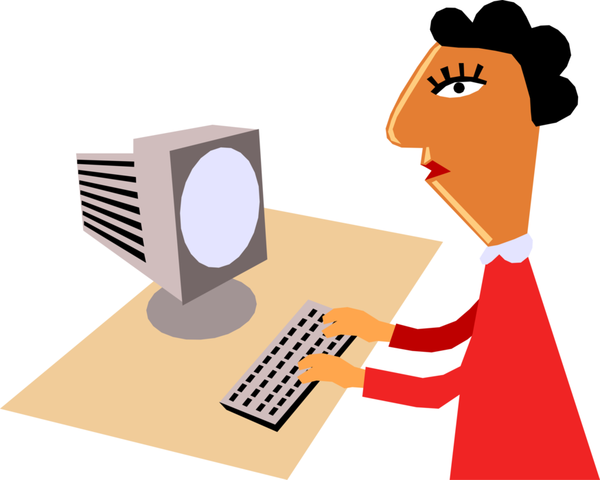 Vector Illustration of Businesswoman Works at Personal Computer Workstation