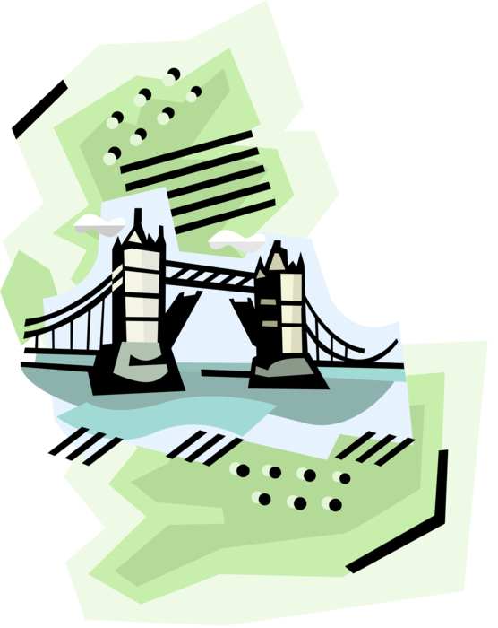 Vector Illustration of Tower Bridge Bascule and Suspension Bridge Crosses River Thames, London, England