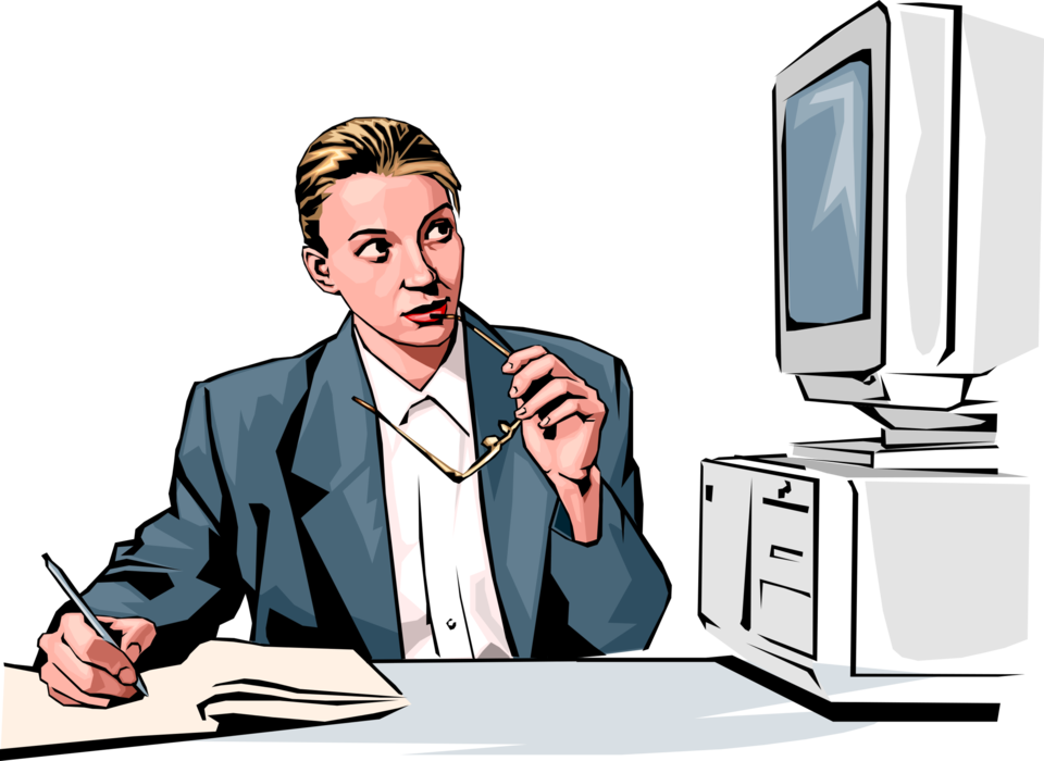 Vector Illustration of Businesswoman Working on Paperwork Checks Computer