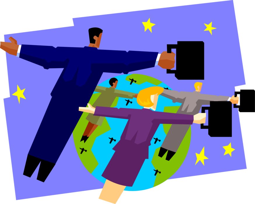 Vector Illustration of Business Associates Flying High Above the Earth