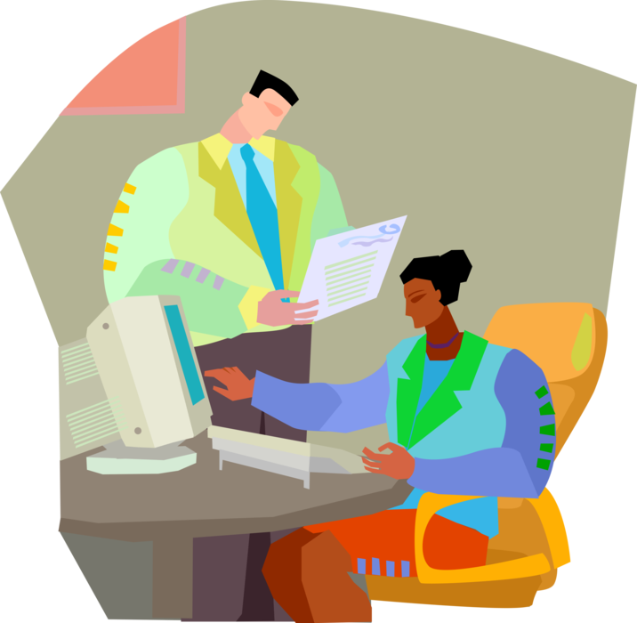 Vector Illustration of Business Associates Review Printed Document for Errors