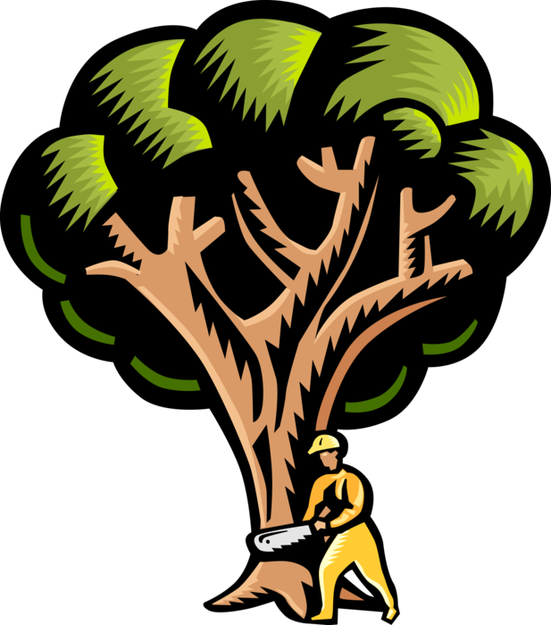 Vector Illustration of Forestry Industry Lumberjack Cuts Down Tree with Chainsaw