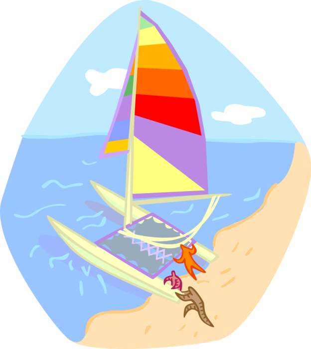 Vector Illustration of Vacation Resort Catamaran with Beach and Ocean
