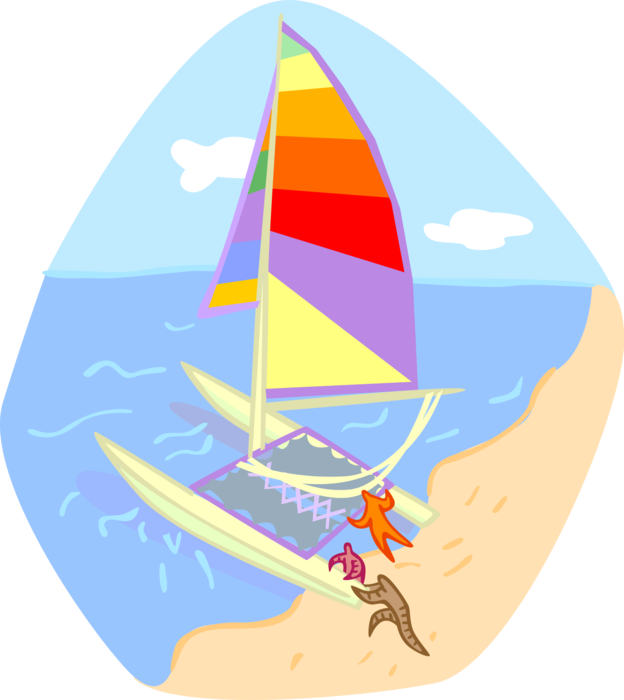 Vector Illustration of Vacation Resort Catamaran with Beach and Ocean