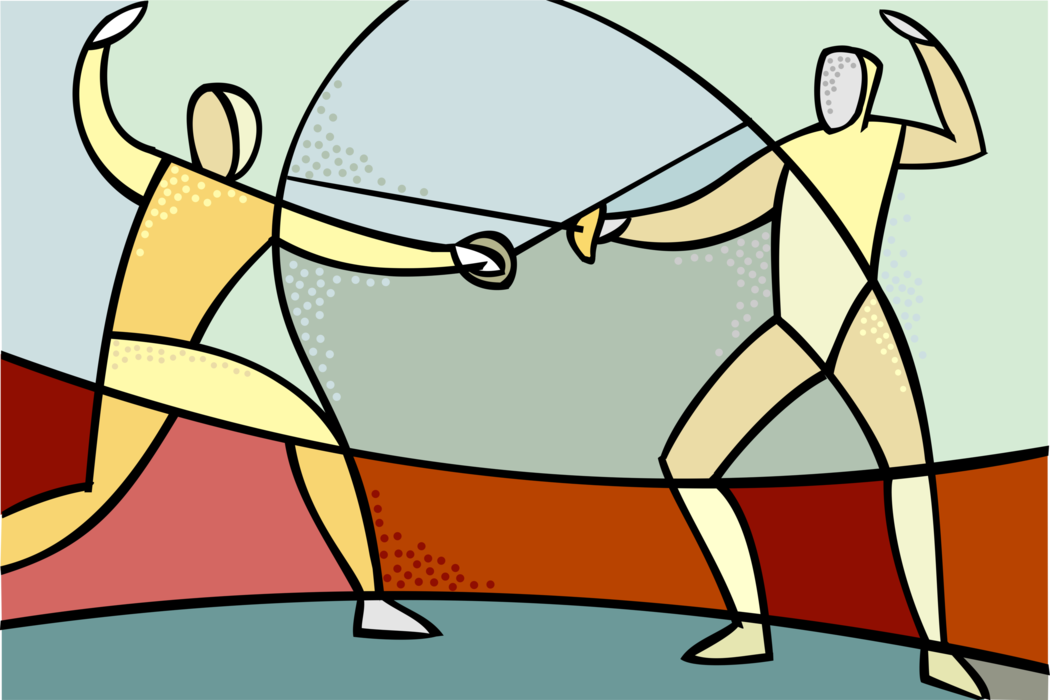 Vector Illustration of Fencing Duel Competitors Fence with Foil Swords