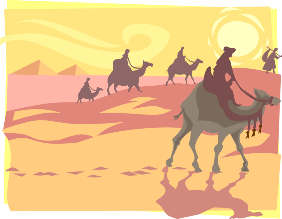 Vector Illustration of Desert Camel Caravan Trek with Sand and Pyramids