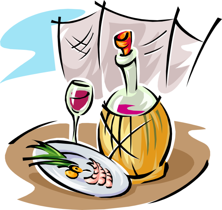 Vector Illustration of Italian Red Wine with Seafood Prawn Shrimp Dinner