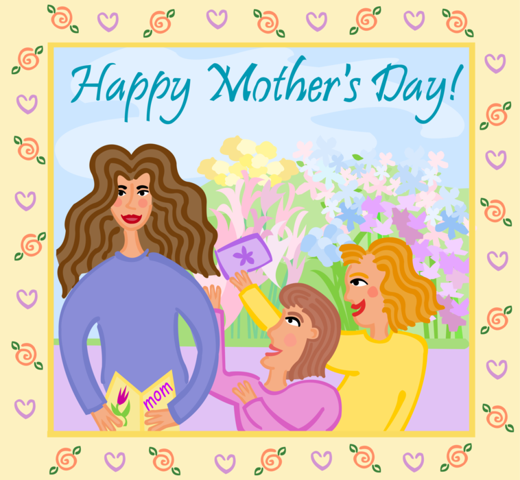 Vector Illustration of Happy Mother's Day Card with Mom and Children