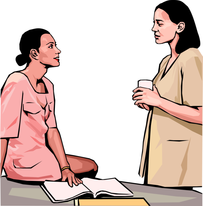 Vector Illustration of Two Business Woman Meet and Discuss Business in Office