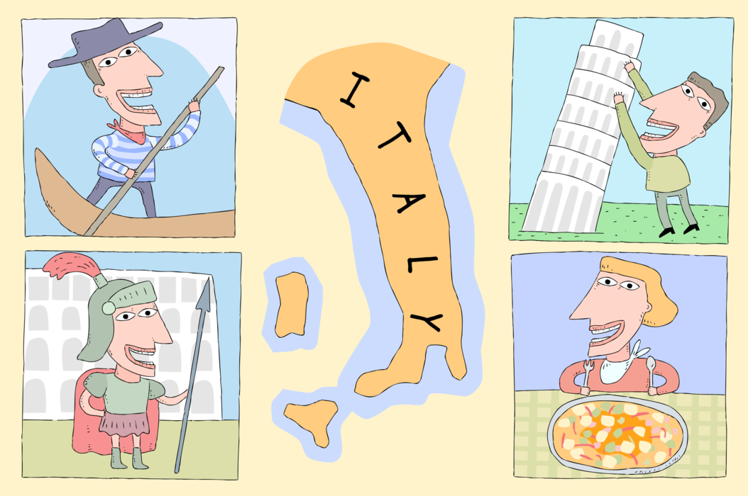 Vector Illustration of Italy is Venetian Gondolas, Leaning Tower of Pisa, Great Food Pizza and History