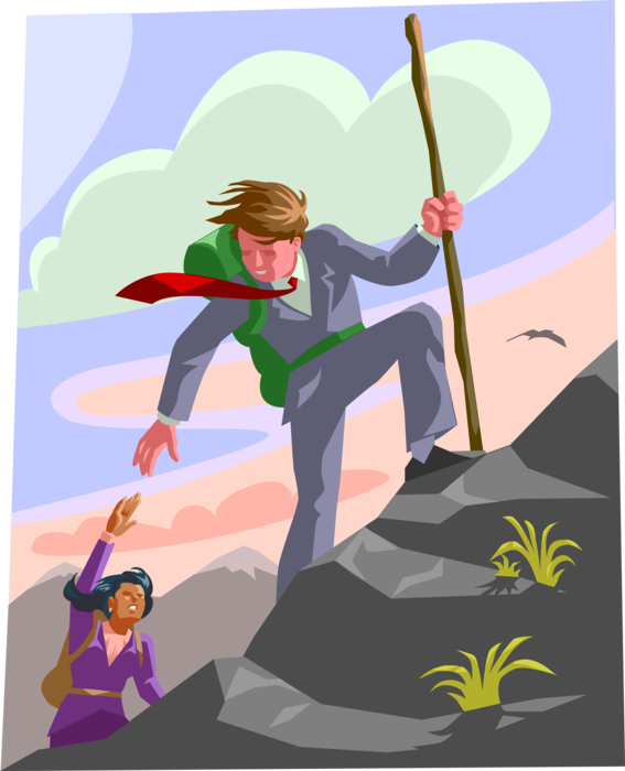 Vector Illustration of Business Colleagues Apply Teamwork to Climb Mountain to Summit