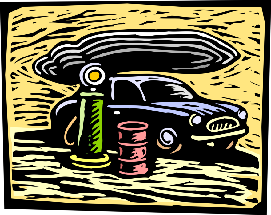 Vector Illustration of Automobile Car Motor Vehicle at Services Station with Gasoline Petroleum Fuel Pump