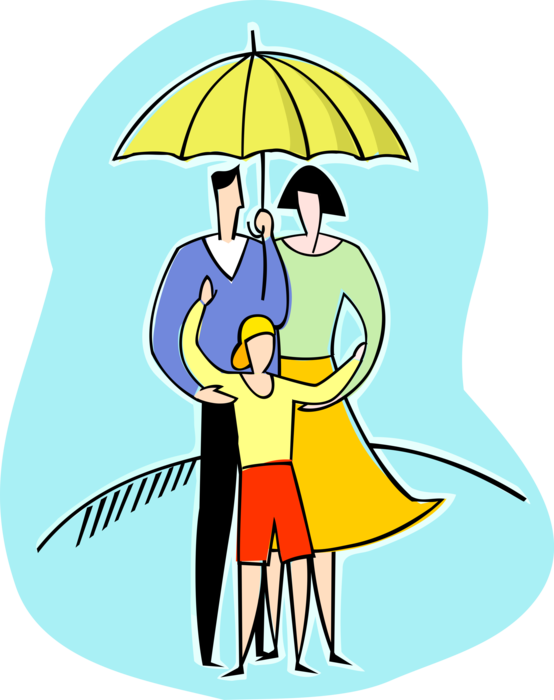 Vector Illustration of Family Safe and Protected Under Umbrella or Parasol from Rain