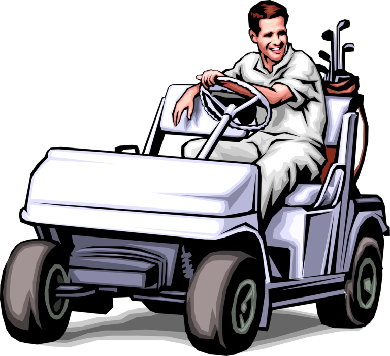 Vector Illustration of Sport of Golf Golfer Rides in Golf Cart During Golfing Round