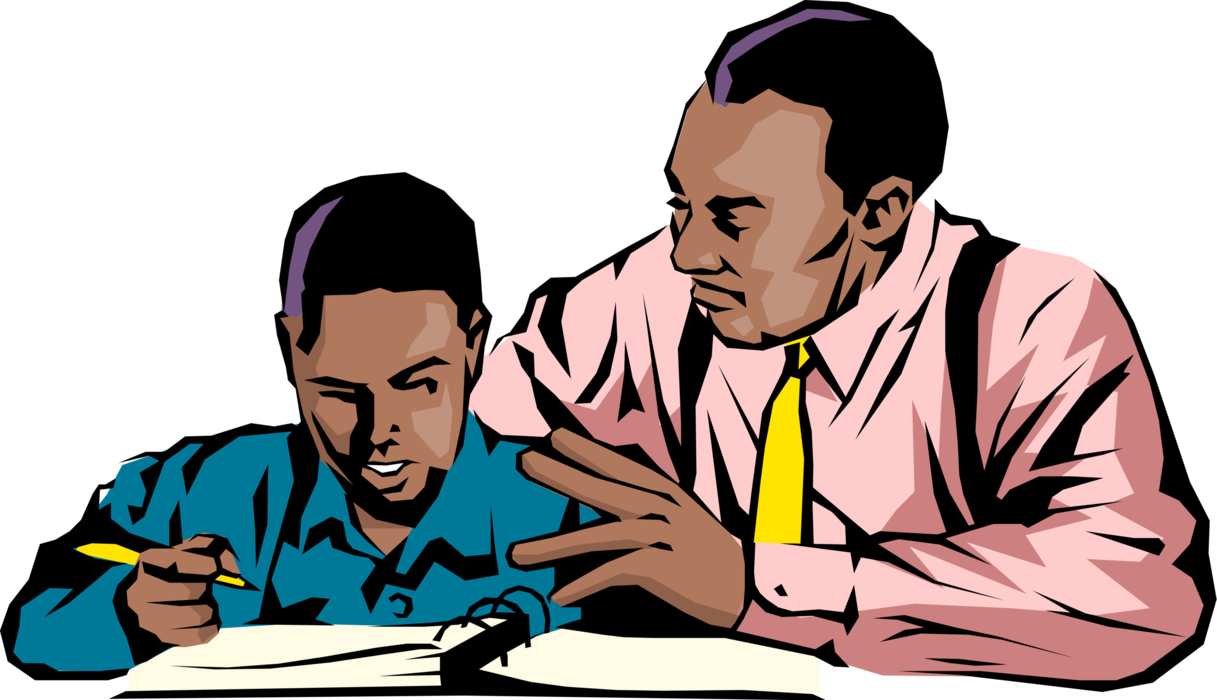 Vector Illustration of African American Teacher & Student Review Work Assignment