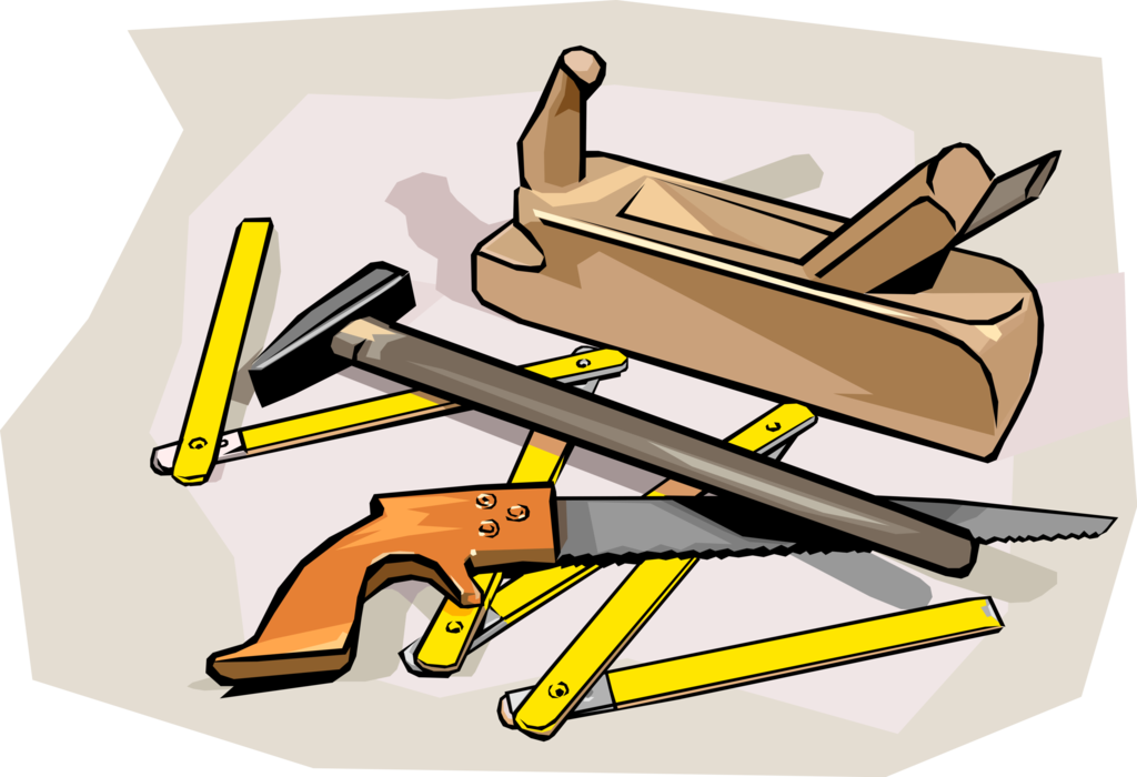 Vector Illustration of Carpenter's Wood Working Tools Ruler, Hammer, Saw and Wood Plane