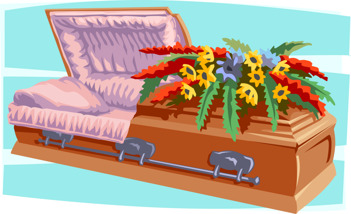 Vector Illustration of Funeral Home Coffin for Deceased with Flowers