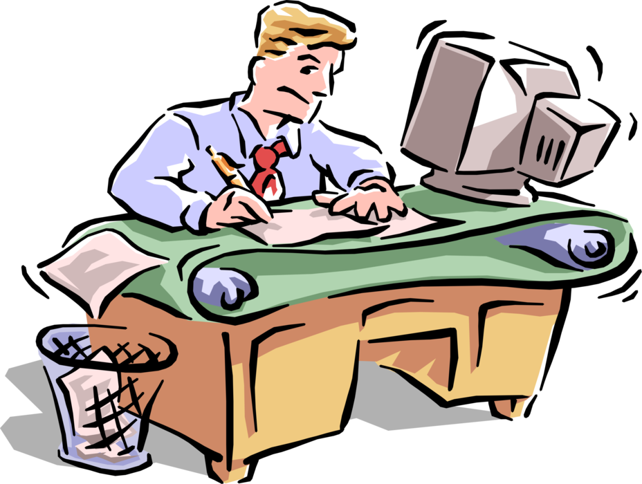 Vector Illustration of Businessman Hard at Work at Desk in Office