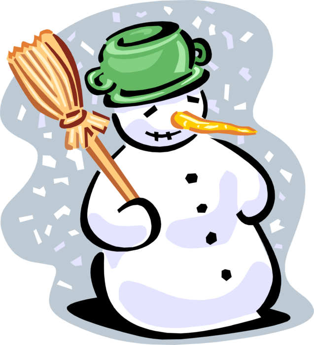 Vector Illustration of Snowman Anthropomorphic Snow Sculpture with Broom and Carrot Nose in Winter Snowstorm