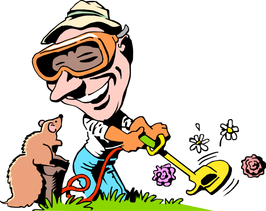 Vector Illustration of Lawn Care Worker with Whipper Snipper Lawn Trimmer and Squirrel