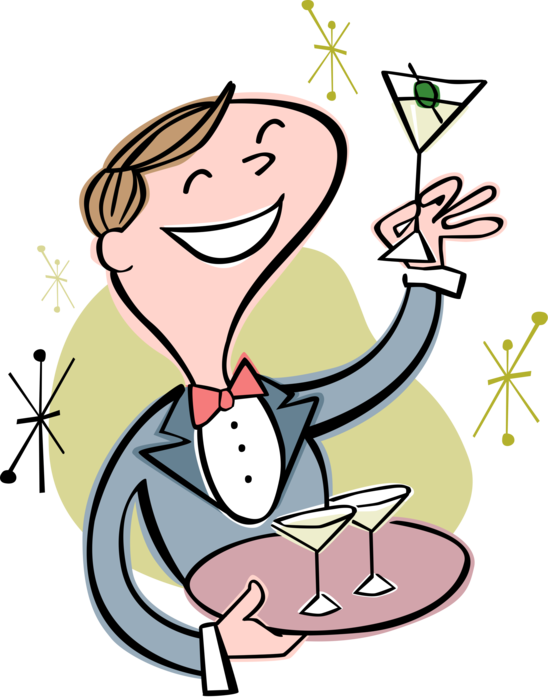 Vector Illustration of Nightclub or Restaurant Waiter Serves Alcohol Beverage Cocktails