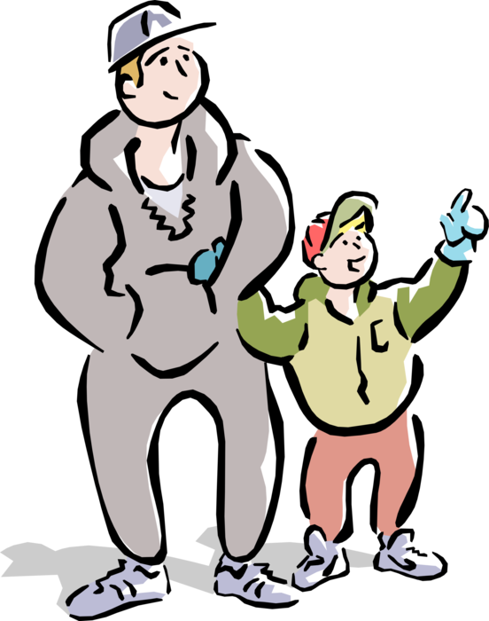 Vector Illustration of Dad and Son Go for Walk