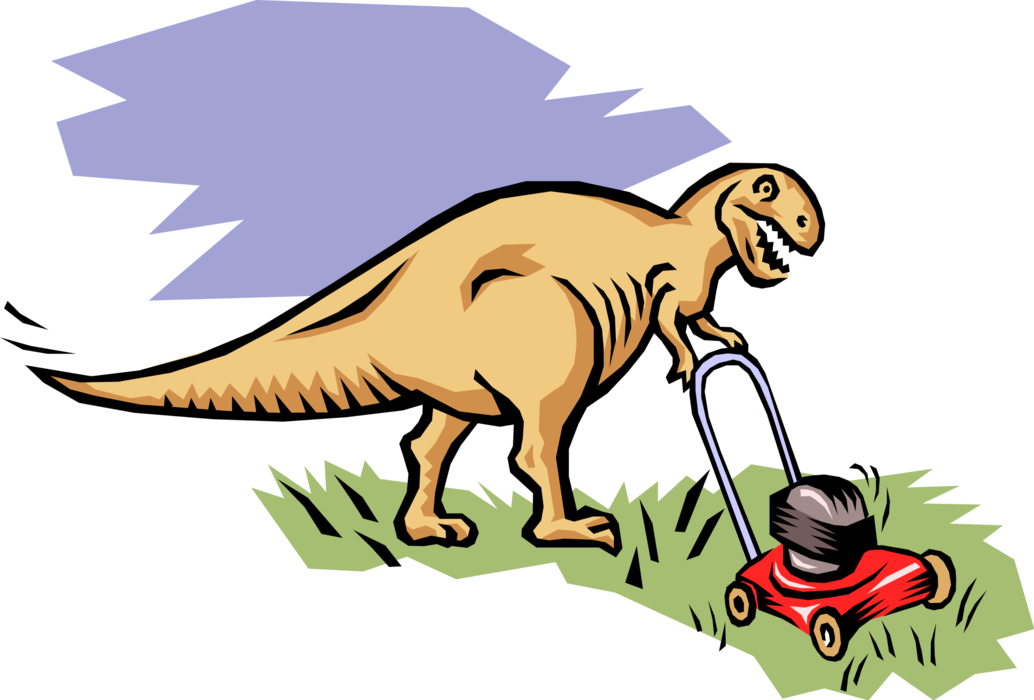 Vector Illustration of Prehistoric Tyrannosaurus Rex Dinosaur Mows the Lawn