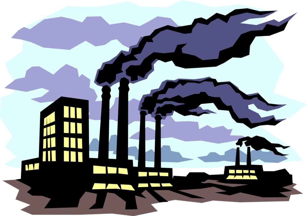 Vector Illustration of Industrial Manufacturing Factory Building with Smokestack Pollution