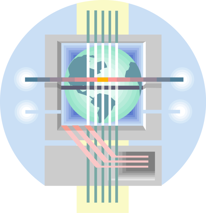 Vector Illustration of Computer Circuit, with Computer and Planet Earth Globe