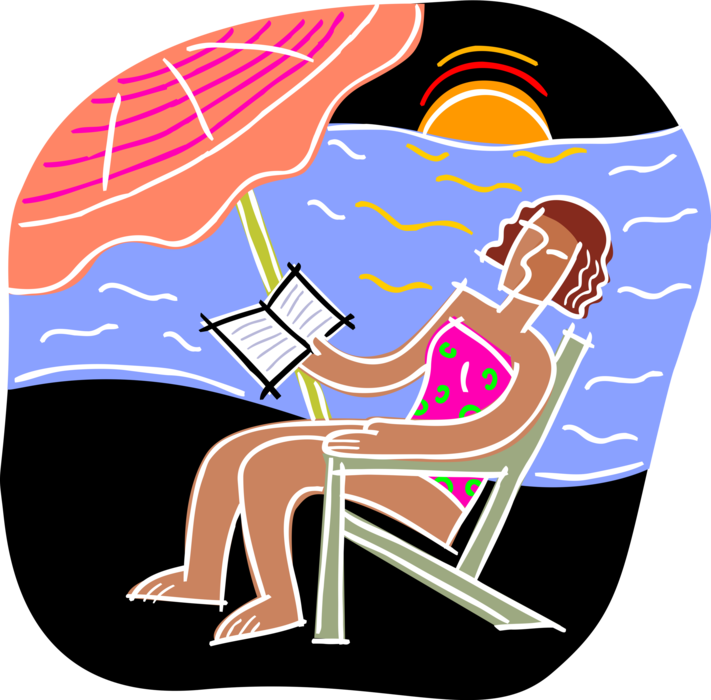 Vector Illustration of A Day at the Beach Reading Book in Lounge Chair
