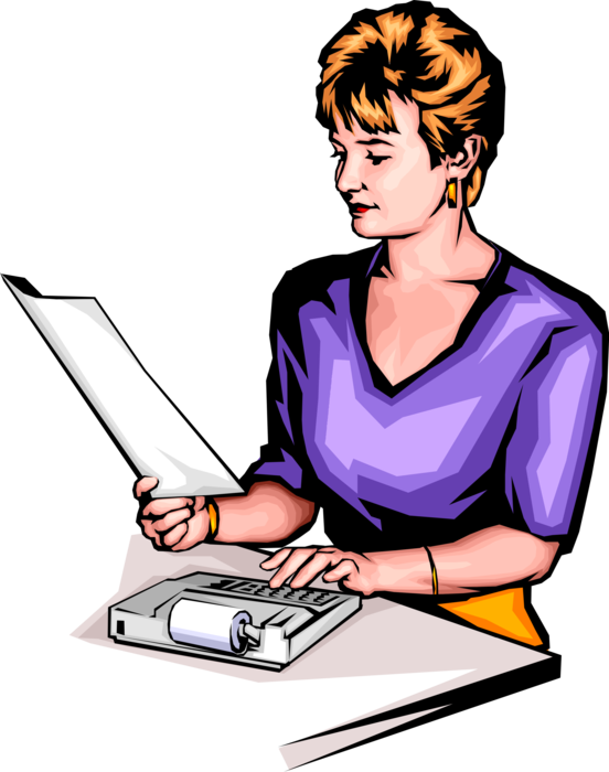 Vector Illustration of Businesswoman with Calculator Adding Machine Adds Numbers
