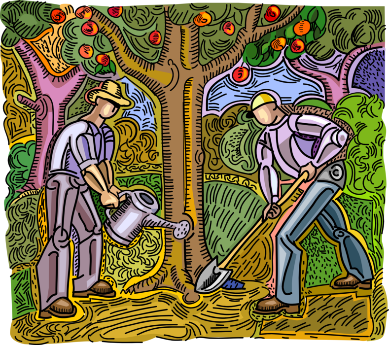 Vector Illustration of Farm Workers in Apple Orchard Nurture Trees with Water and Shovel