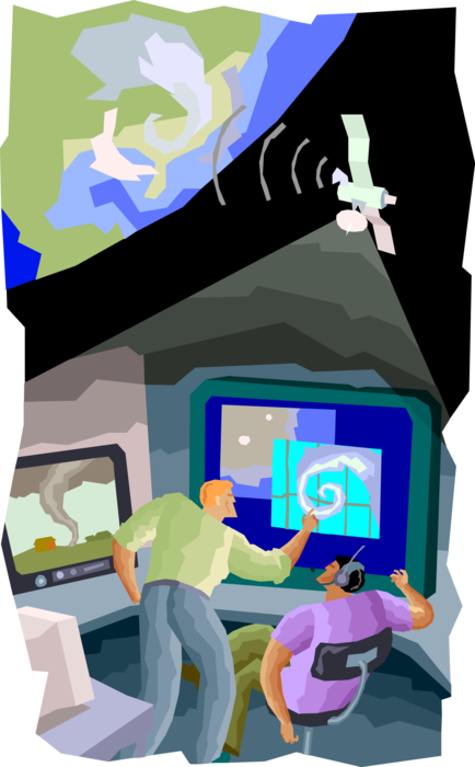 Vector Illustration of Meteorologists Observe Weather and Make Forecast Predictions Using Satellite Imaging