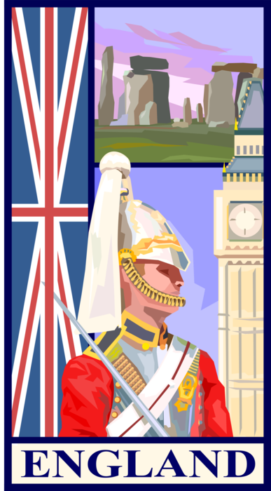 Vector Illustration of England Postcard Design with British Queen's Ceremonial Guard, United Kingdom