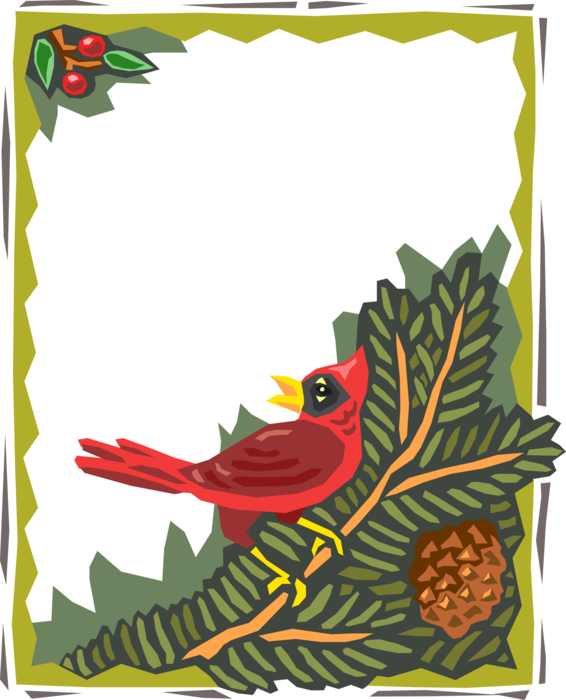 Vector Illustration of Holiday Season Christmas Festive Border with Cardinal Bird on Tree Branch