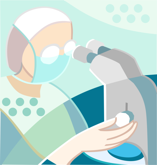 Vector Illustration of Research Technician with Microscope in Laboratory