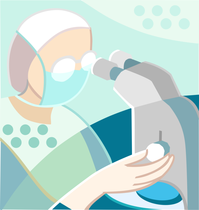Vector Illustration of Research Technician with Microscope in Laboratory
