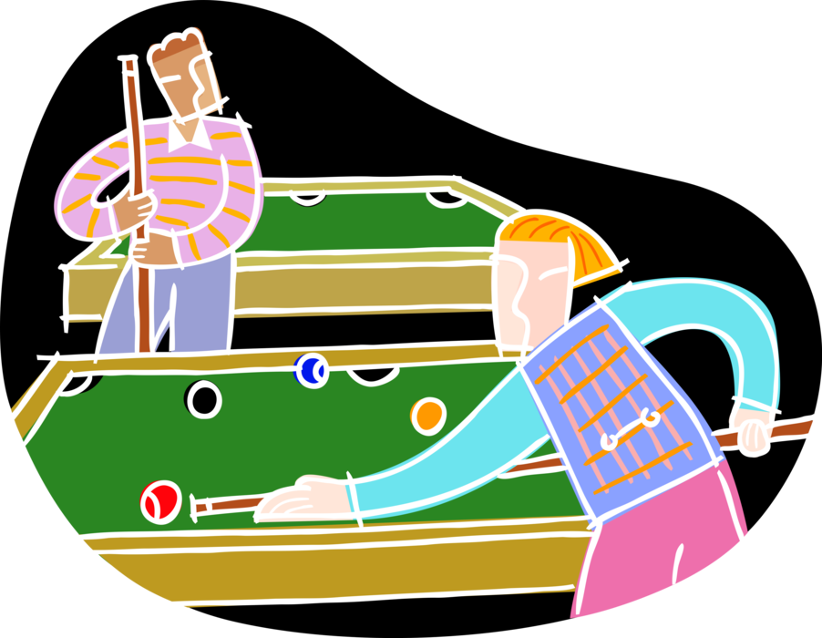 Vector Illustration of Friends Playing Pool on Pocket Billiards Table