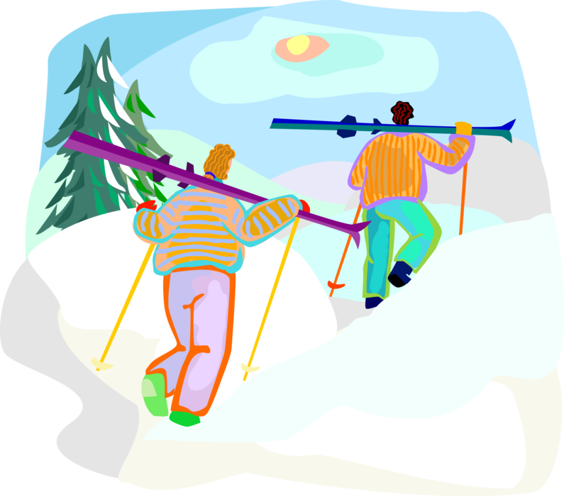 Vector Illustration of Alpine Downhill Skiers Trek Up Mountain with Skis Before Skiing
