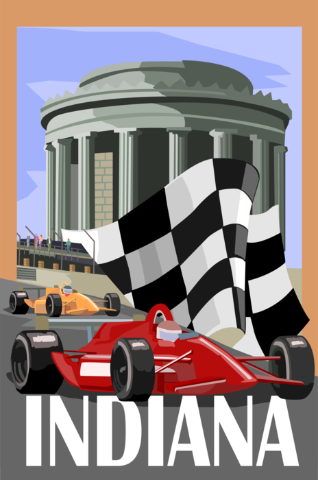 Vector Illustration of Indiana Postcard Design with Indianapolis 500 Automobile Race at Indy Motor Speedway