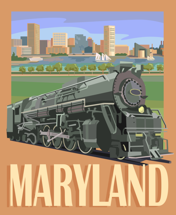 Vector Illustration of State of Maryland Postcard Design with Rail Transport Steam Locomotive Railway Train