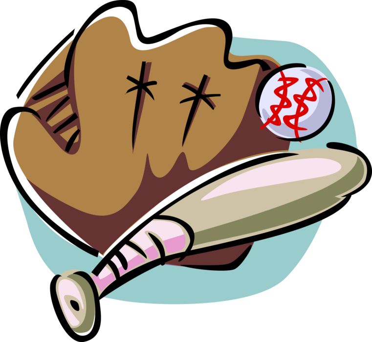 Vector Illustration of American Pastime Sport of Baseball Bat with Glove and Ball