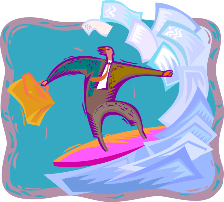 Vector Illustration of Surfer on Surfboard Riding Cresting Wave of Correspondence Email