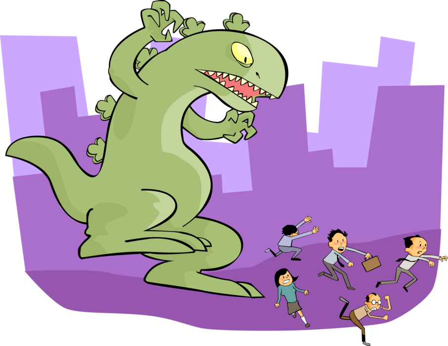 Vector Illustration of Godzilla Fictional Giant Monster Chasing People