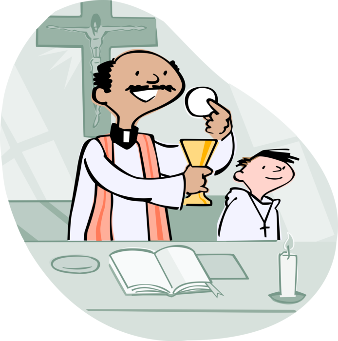 Vector Illustration of Catholic Priest Consecrates Host During Mass with Altar Boy